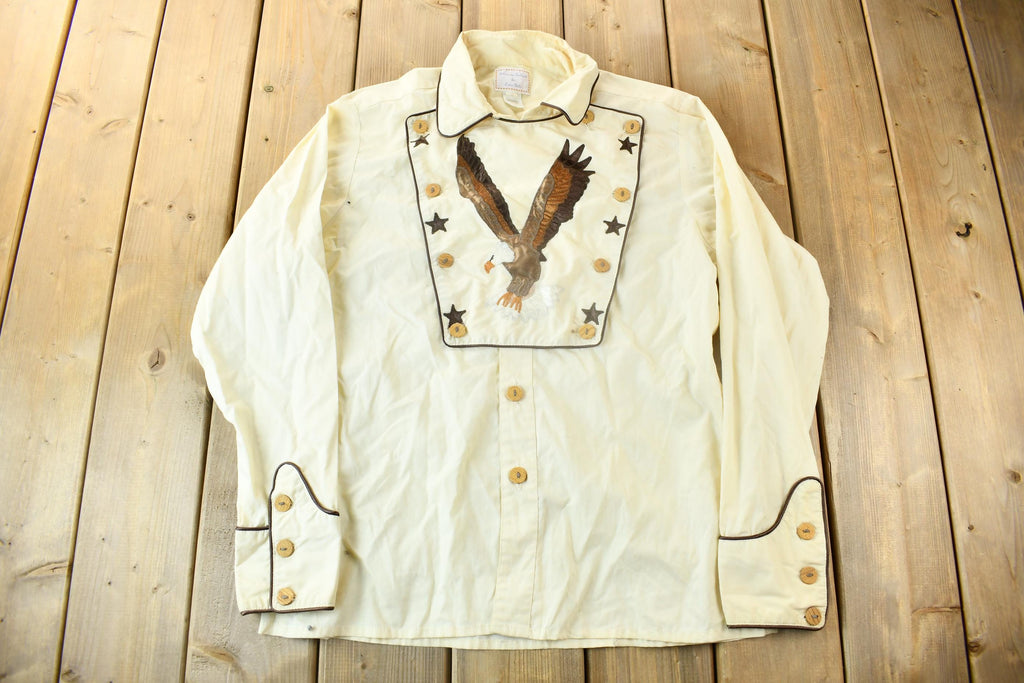 Vintage 1980s Embroidered Eagle Western Style Bib Front Button Up Shirt
