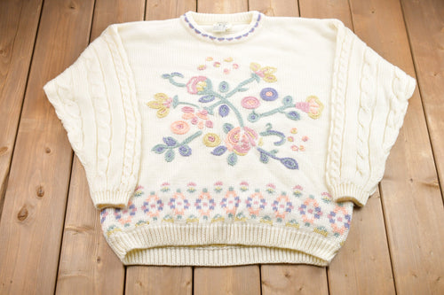 Vintage 1980s Together! Floral Knitted Sweater / Vintage 80s Crewneck / Pattern Sweater / Outdoor / Hand Knit / Floral Graphic