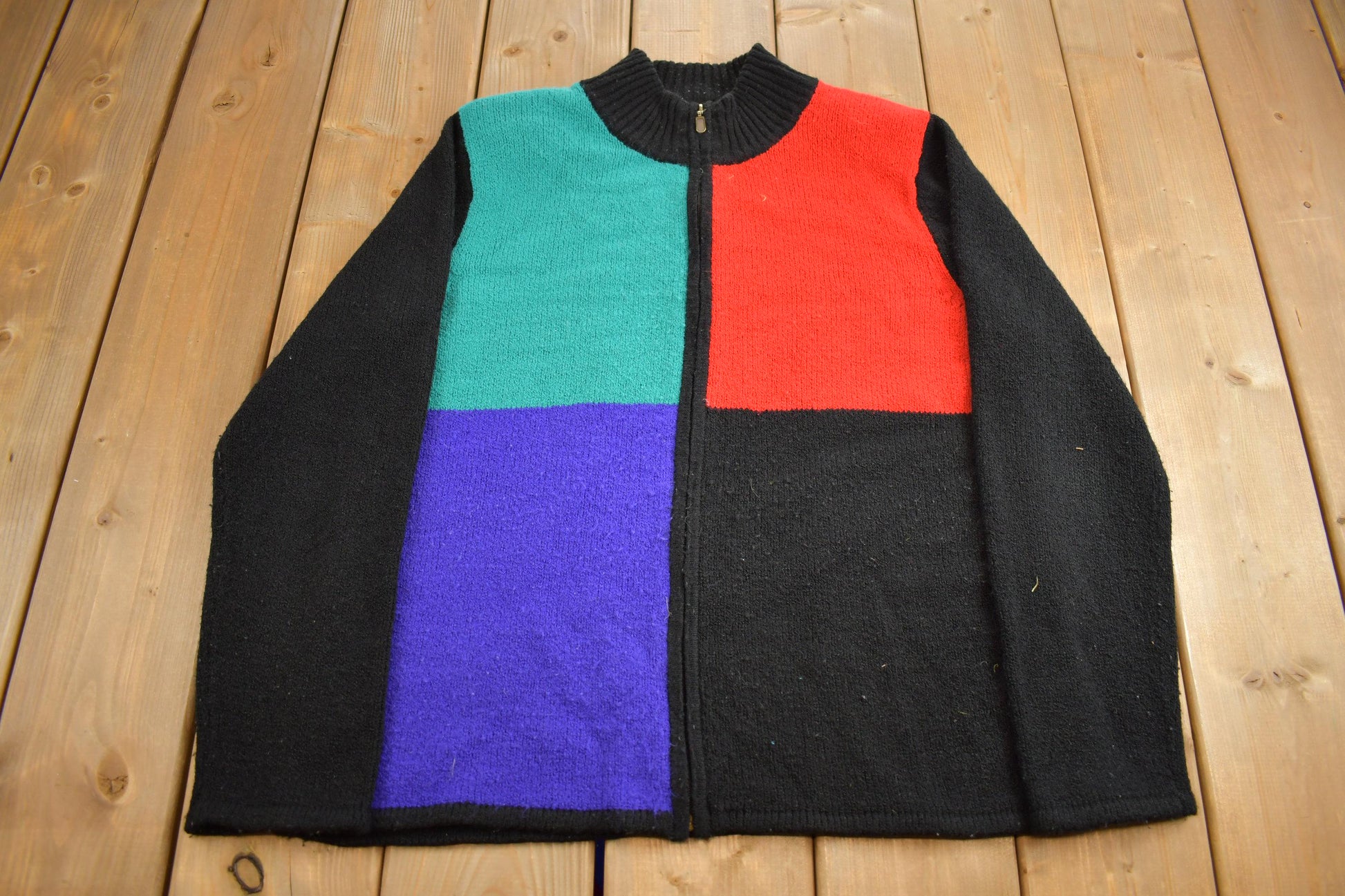 Vintage 1990s Allison Dalley Colour Block Knit Zip Up Sweater
