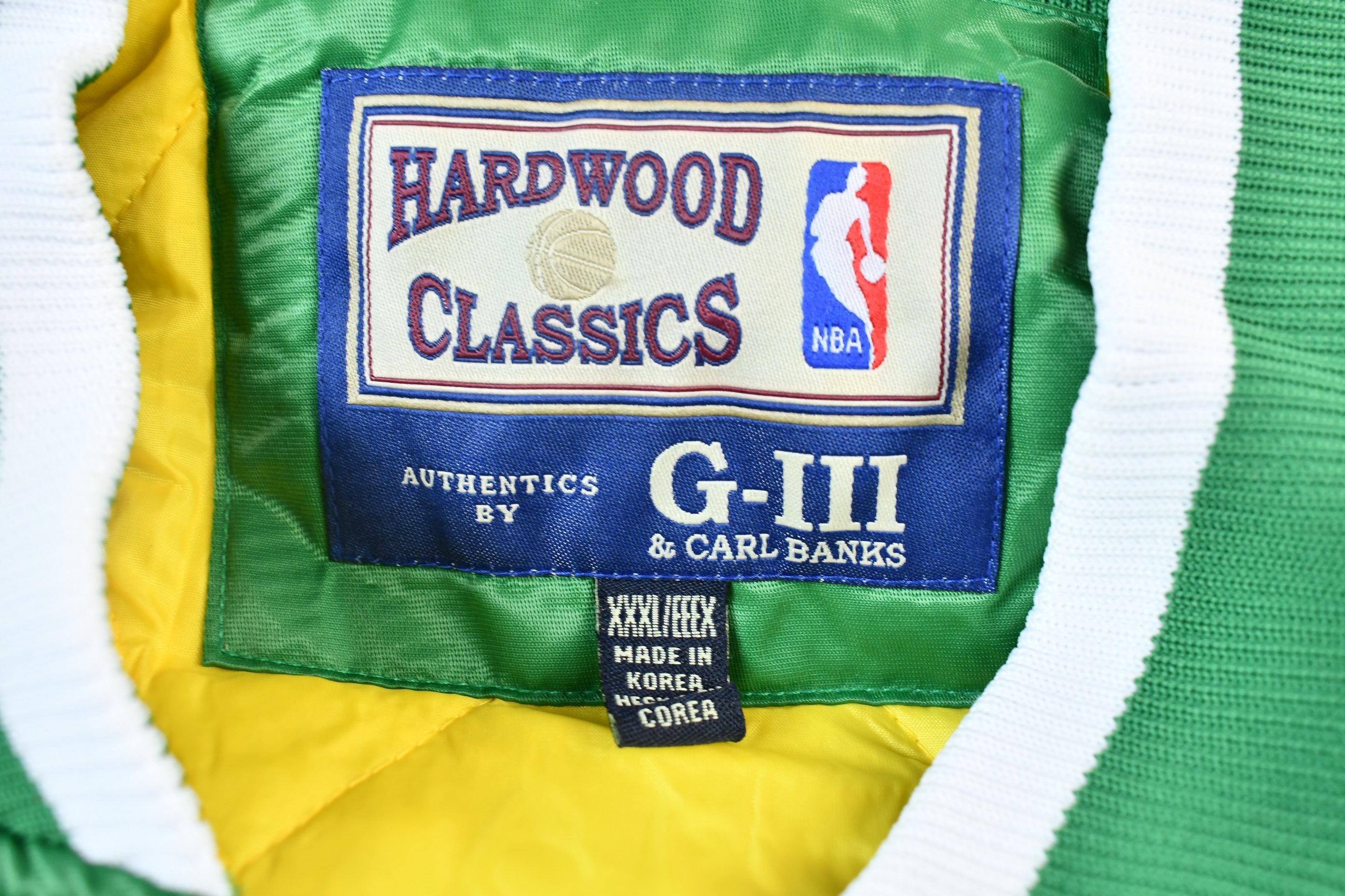 Vintage 1990s Hardwood Classics Boston Celtics NBA Basketball Embroidered Snap Button Satin Bomber Jacket