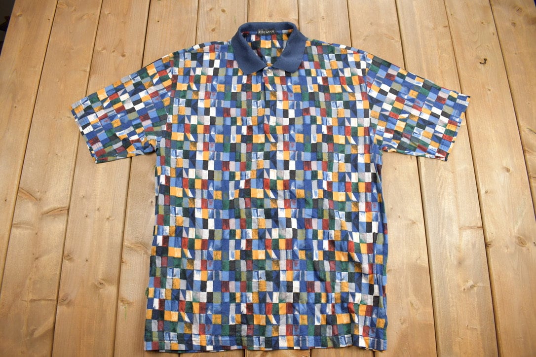 Vintage 1990s Checkered Riscatto Quarter Button Polo Shirt / Abstract Pattern / Casual Shirt / Formal Shirt / Short Sleeve Polo / Size M