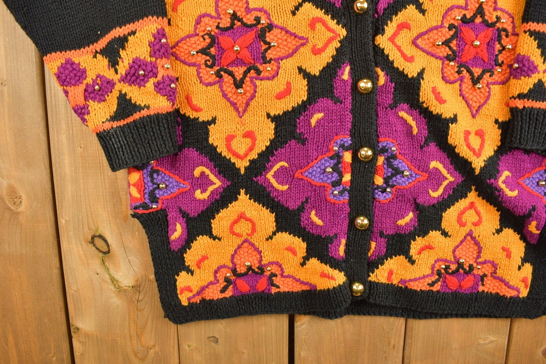 Vintage 1980s Abstract Knitting Needles Cardigan Sweater