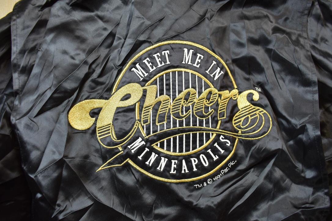 Vintage 1990s Cheers Boston Embroidered Satin Bomber Jacket