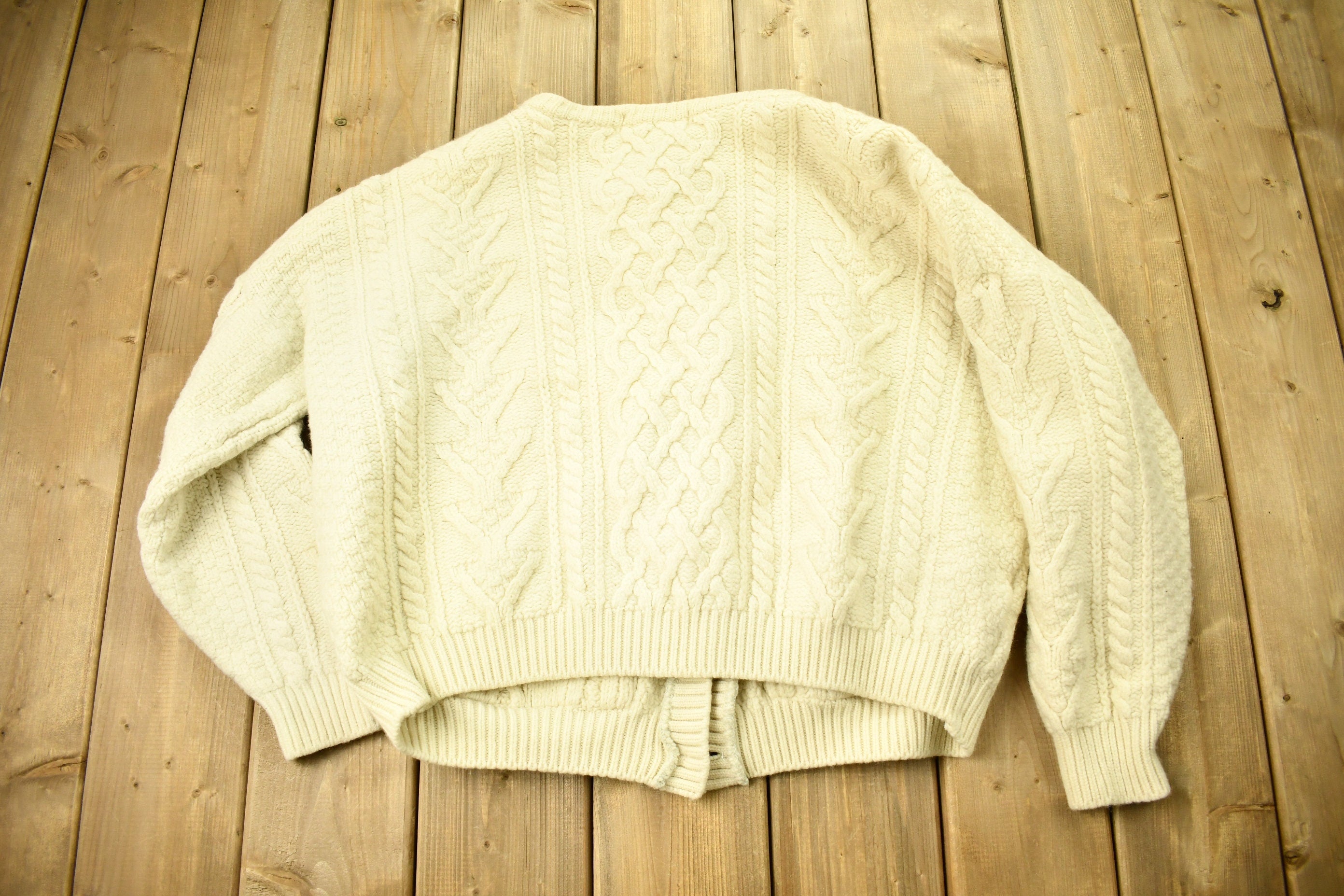 Vintage 1970s Naturally British Wool 3D Cable Knit Button Up Sweater