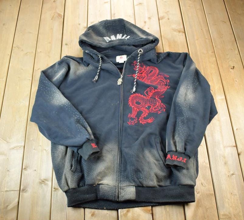 Vintage 1990s Kanji Jeans Heavyweight Dragon EMbroidered Full Zip 5X Hip Hop Hoodie Made In USA