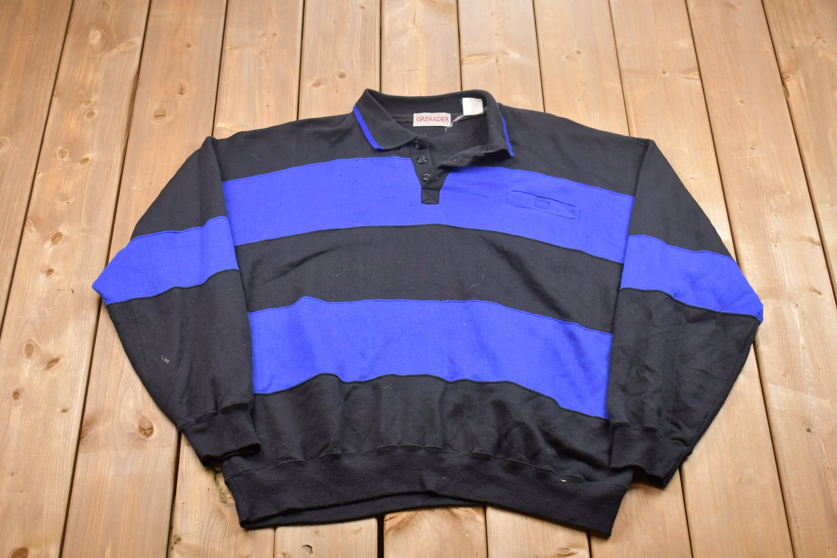 Vintage 1990s Grenadier Collared Big Stripes Sweatshirt