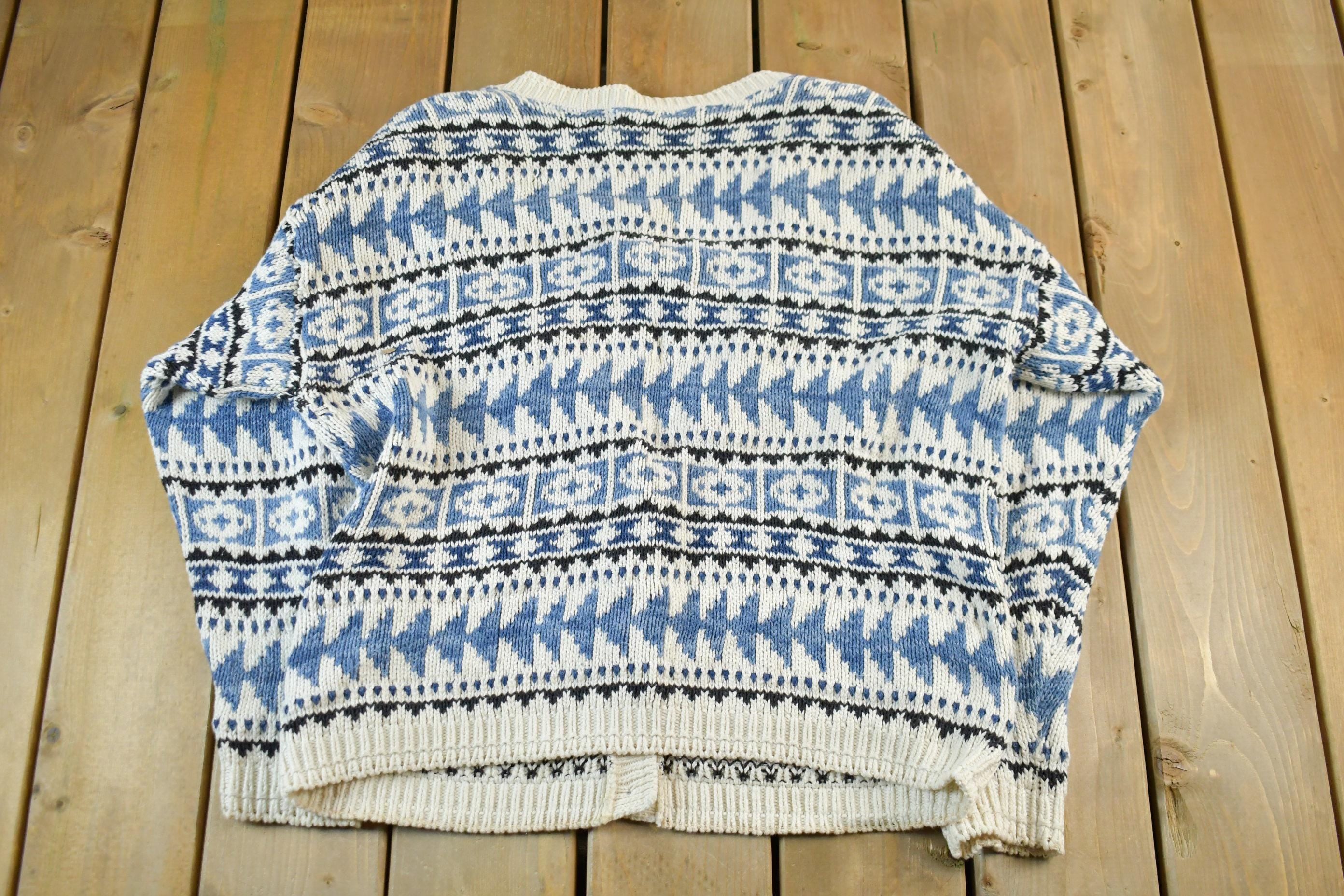 Vintage 1990s Eddie Bauer Knit Cardigan Sweater Men's Large  Abstract Pattern Nordic  90s Knitted Top  Outdoors  Made in USA