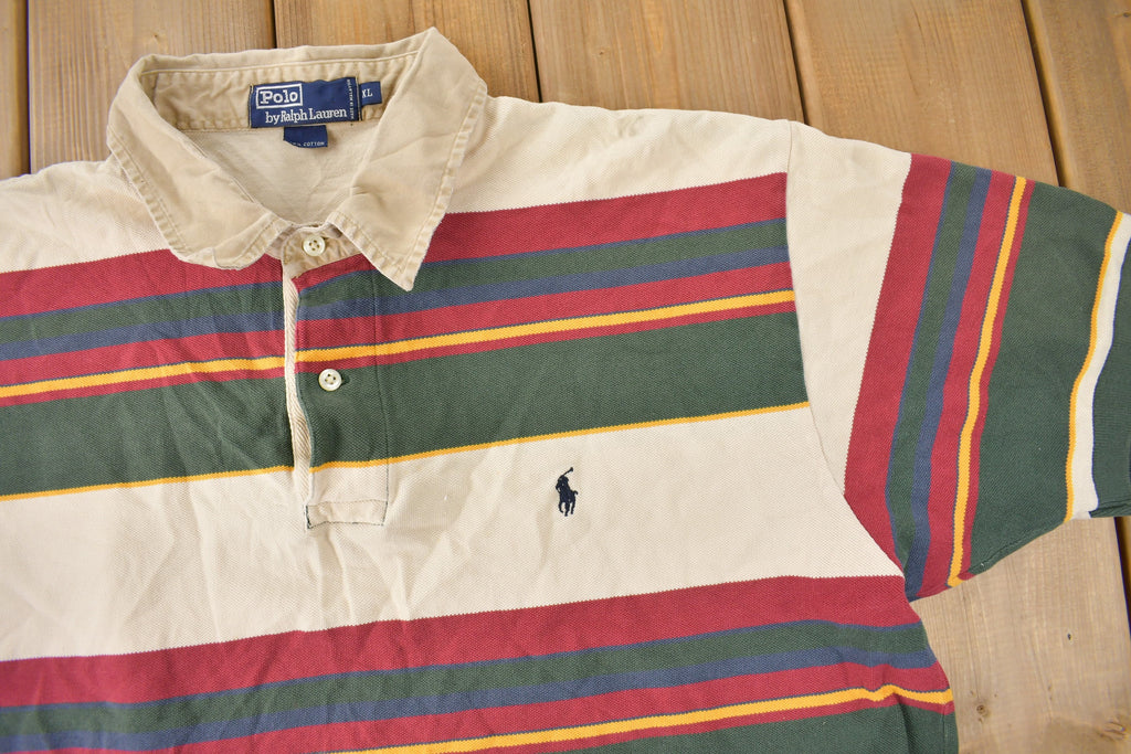 Vintage 1990s Polo By Ralph Lauren Small Pony Earth Toned Striped Polo Shirt Size XL