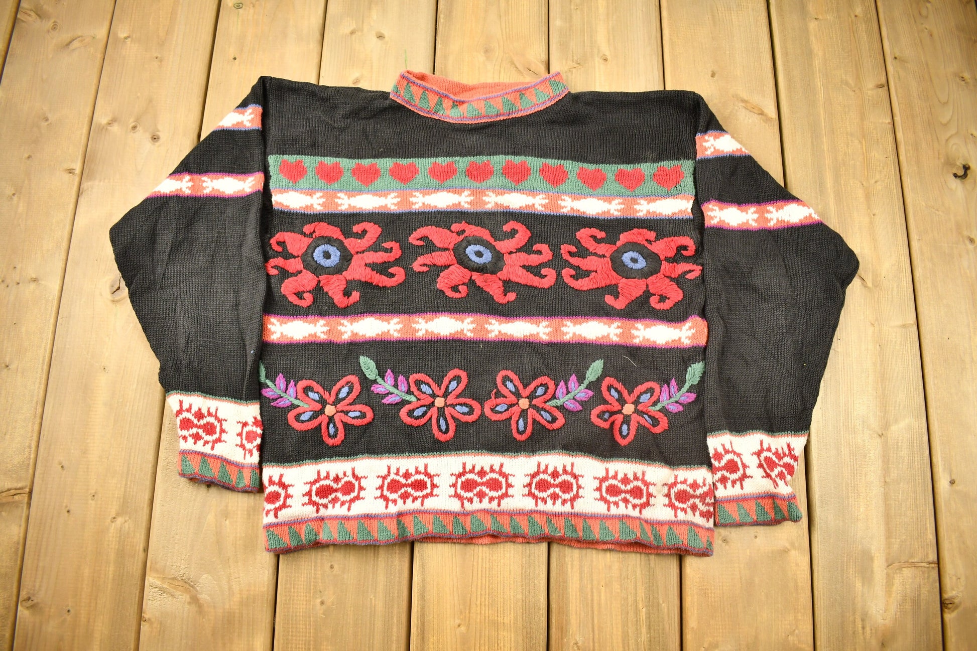 Vintage 1990s 62 East 3D Cable Knit Floral Sweater / Vintage 90s Crewneck / Abstract Patterns / Streetwear / Colorful