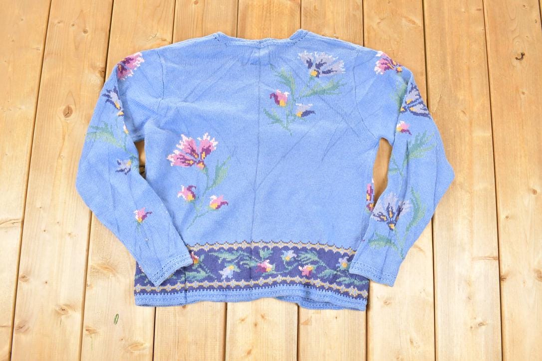 Vintage 1990s Coldwater Creek Floral Embroidered Knit Cardigan Sweater Women's M