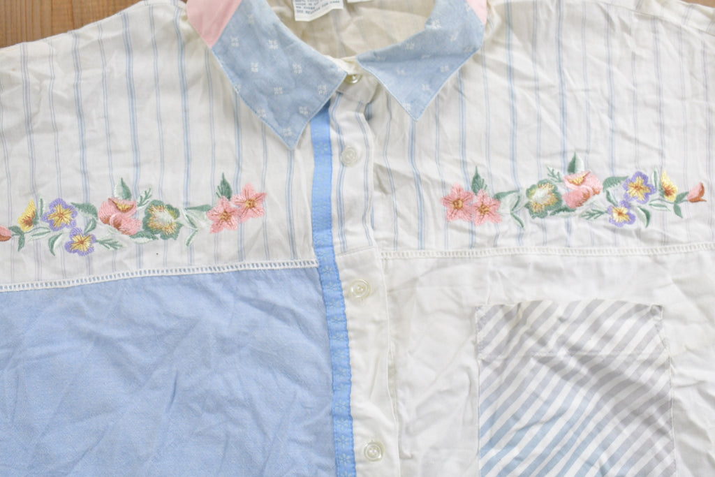 Vintage 1990s Together Floral Theme Striped Button Up Shirt  1990s Button Up  Vintage Button Up  Basic Button Up  Pastel Button Up