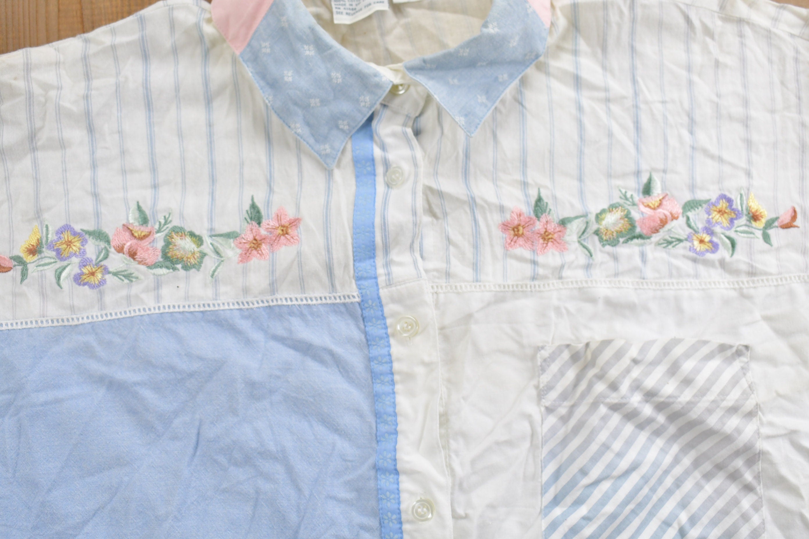 Vintage 1990s Together Floral Theme Striped Button Up Shirt  1990s Button Up  Vintage Button Up  Basic Button Up  Pastel Button Up