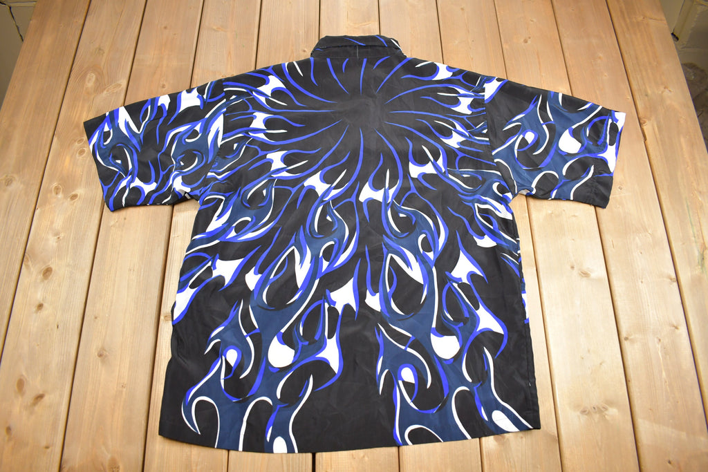 Vintage 1990s All Over Print Flame Graphic Button Up T-Shirt Flames Graphic
