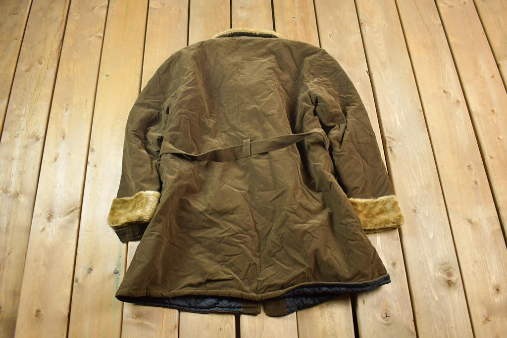 Vintage 1990s Phat Farm Full Length Faux Fur Collared Button Up Belted Coat Made In USA