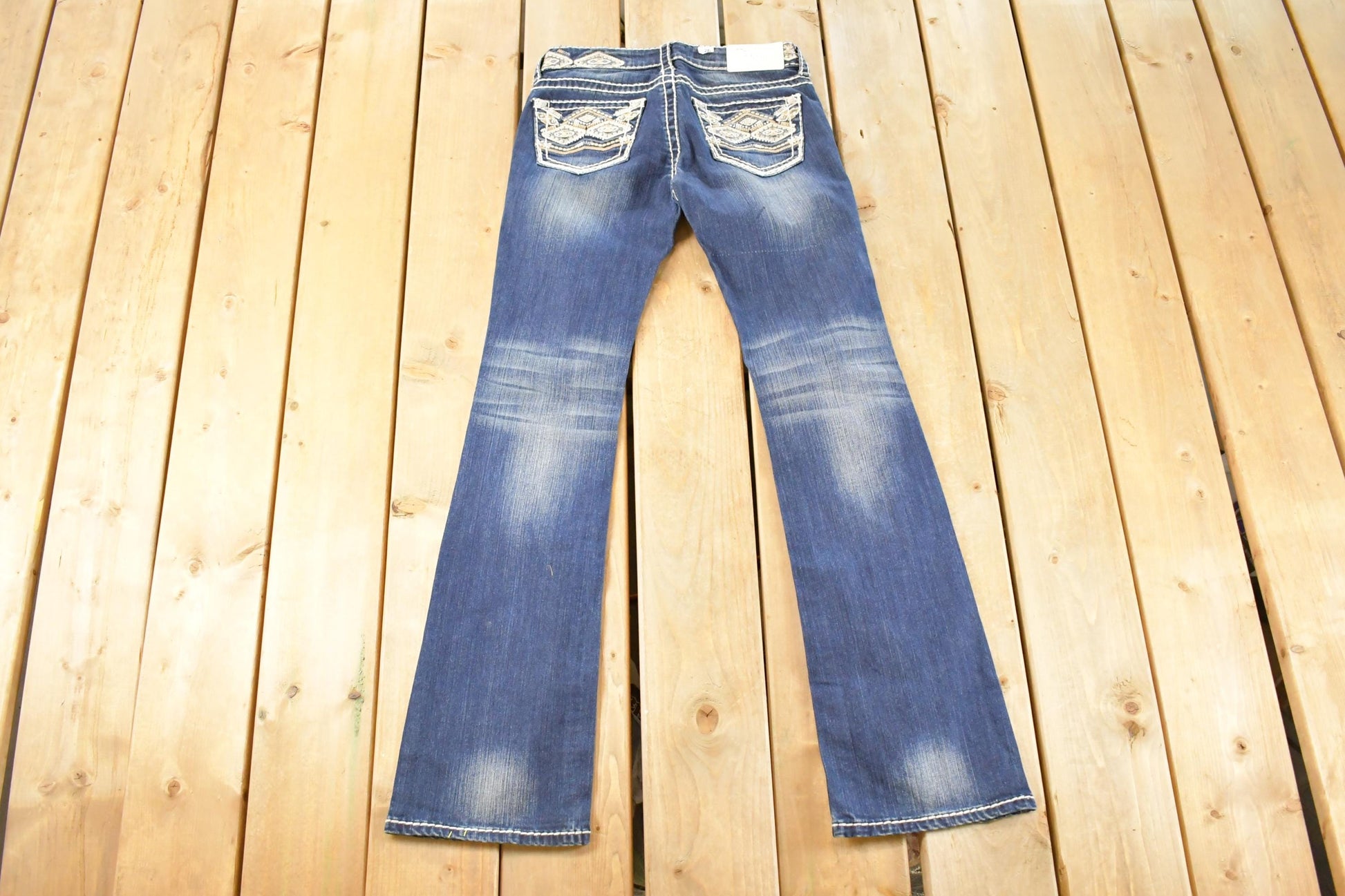 Vintage Deadstock Y2K Charme Bedazzled Low Rise Jeans Women's Size 26 x 32 / Boot Cut Jeans / 2000's Embroidered Contrast Stitched Denim