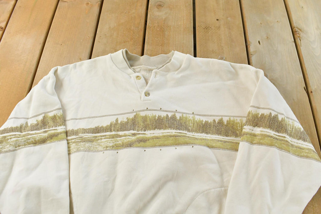 Vintage 1990's Forest Print Henley Sweatshirt – All Over Nature Wildlife Trees