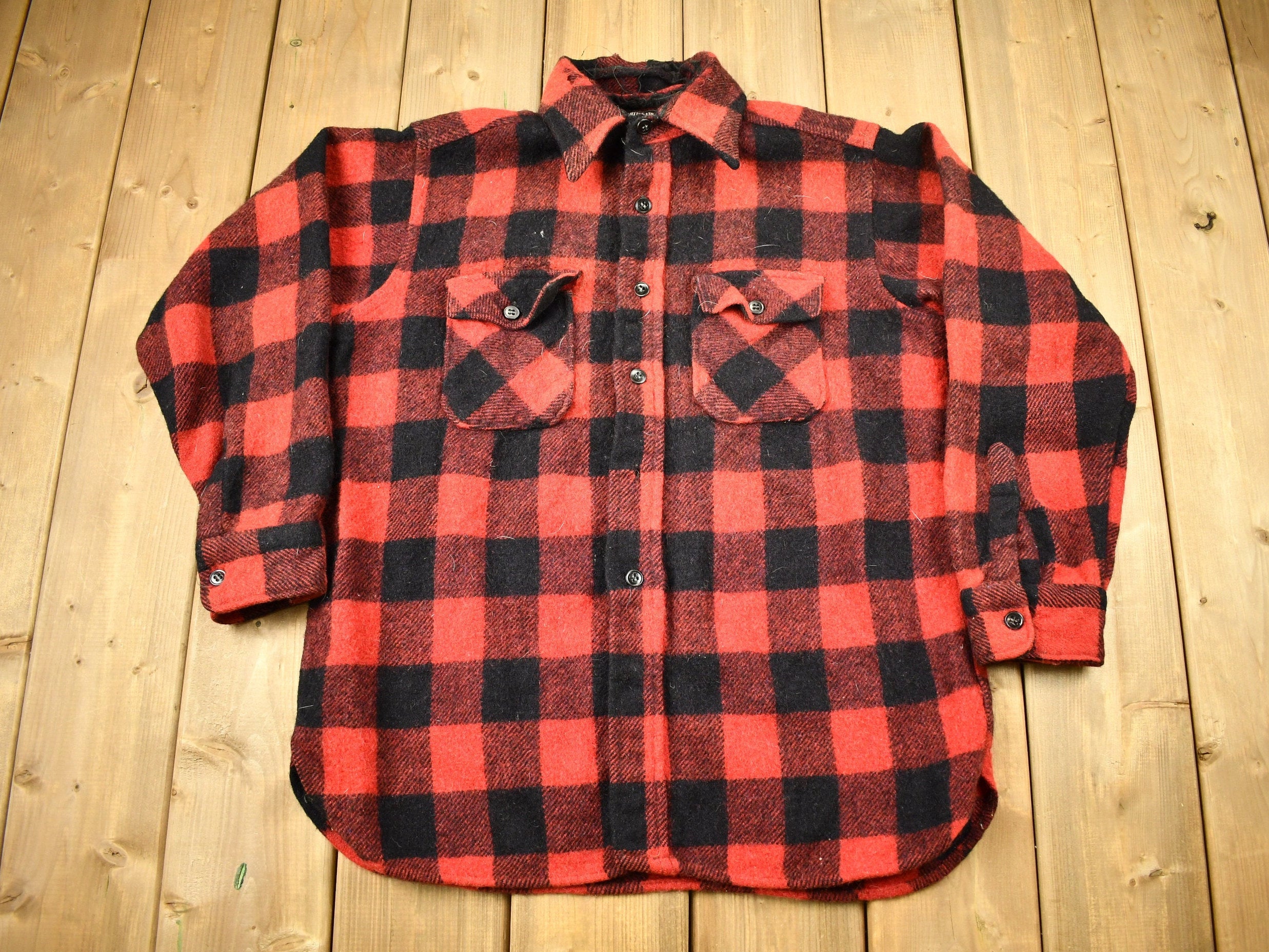 Vintage 1950s Winter King Buffalo Plaid Wool Button Up Shirt