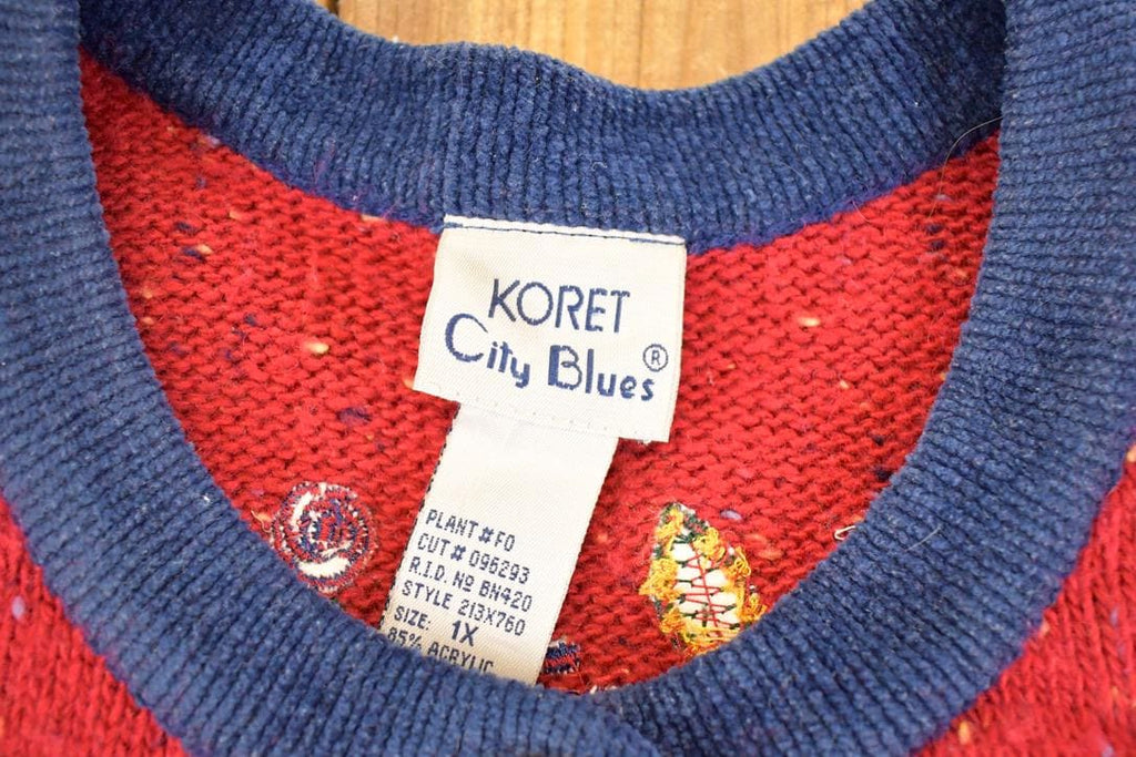 Vintage 1990s Koret City Blues Heavy Knit Flower Cardigan Sweater Women's L / Abstract Pattern 3D Knitted Sweatshirt