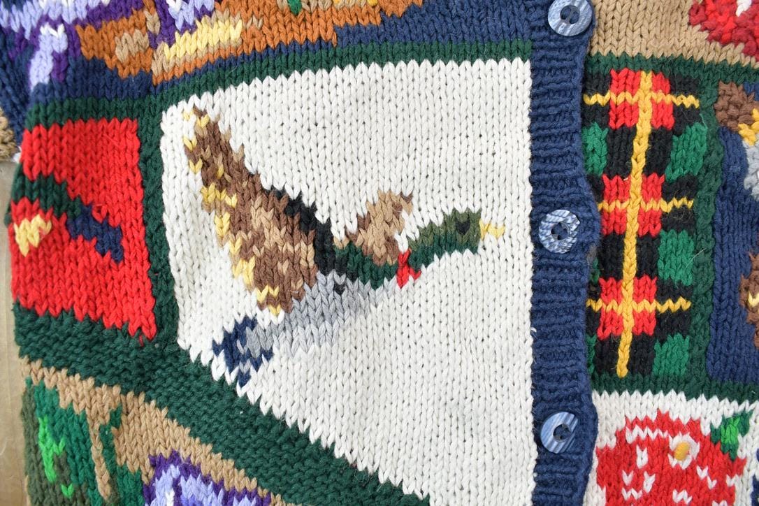 Vintage 1991 The Eagles Eye Hand Knit Button Up Knit Christmas Sweater