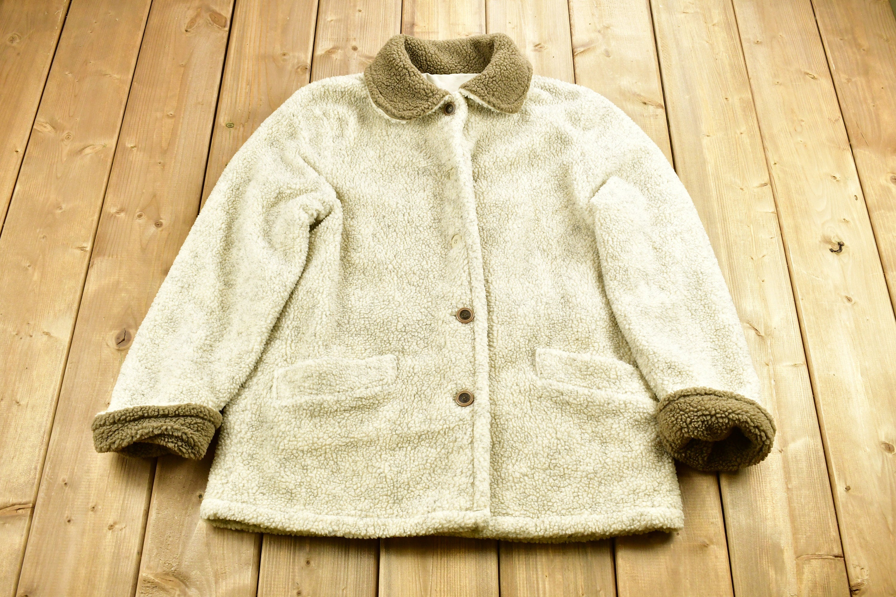 Vintage 1990s Cream Color Deep Pile Button Up Fleece Sweater