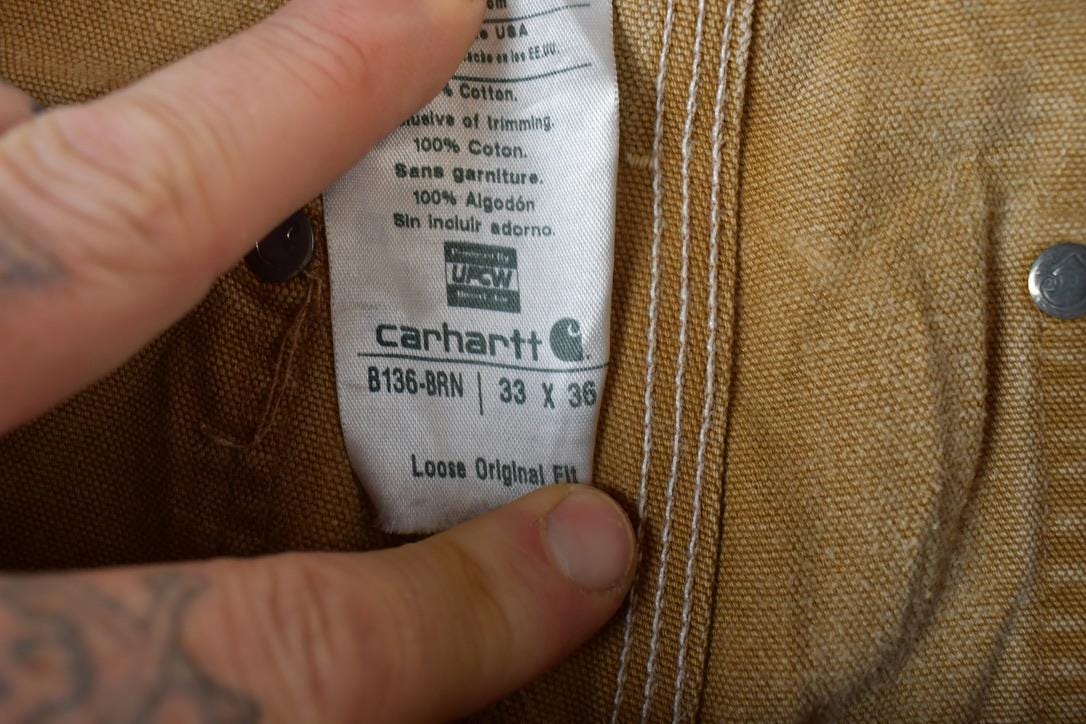 Vintage 1990s Tan Carhartt Double Knee Denim Work Pants Size 33 x 36