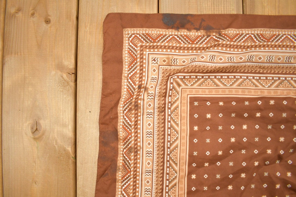 Vintage 1980s Brown Geometric Border Pattern Scarf
