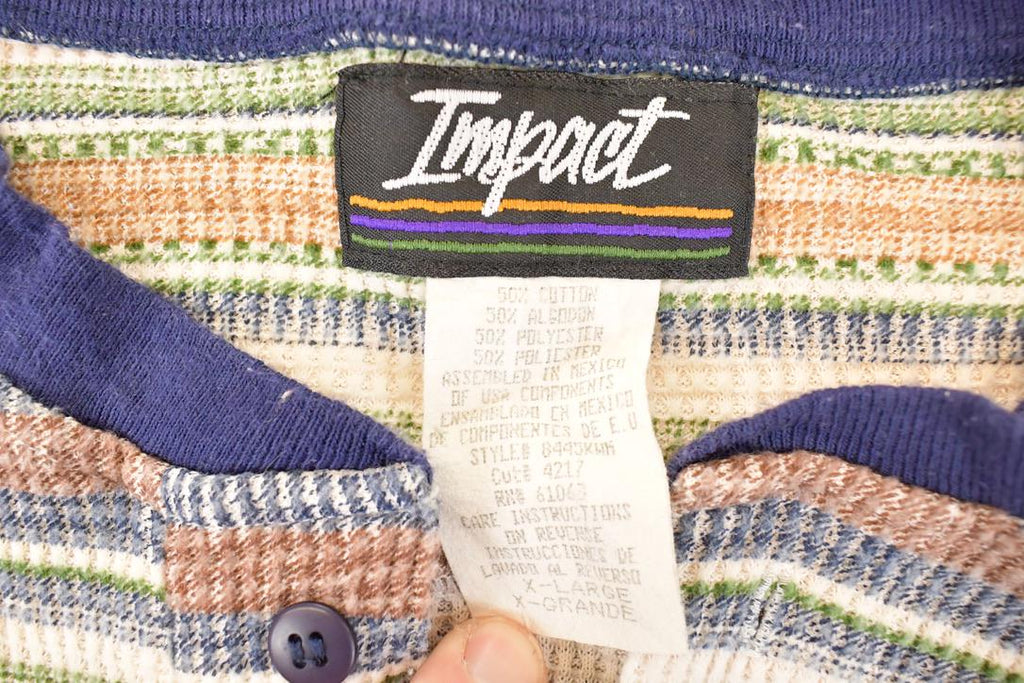Vintage 1990s Impact Knit Striped Souvenir Travel T-Shirt Men's XL