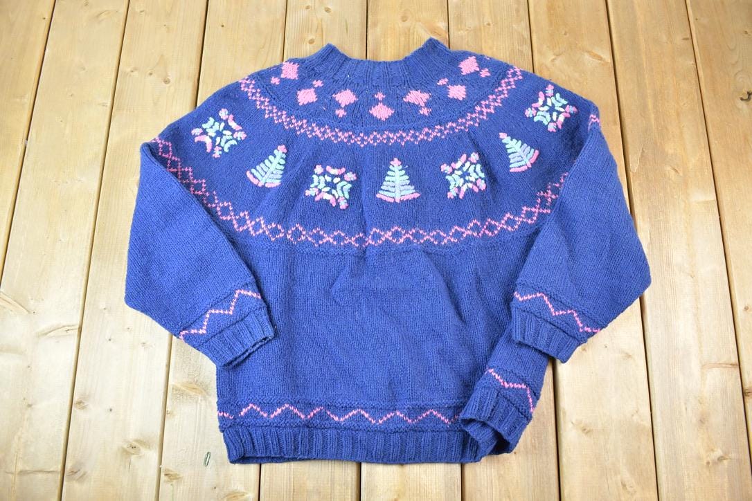 Vintage 1990s Northern Isles Christmas Tree 100% Wool Knitted By Hand Crewneck Sweater