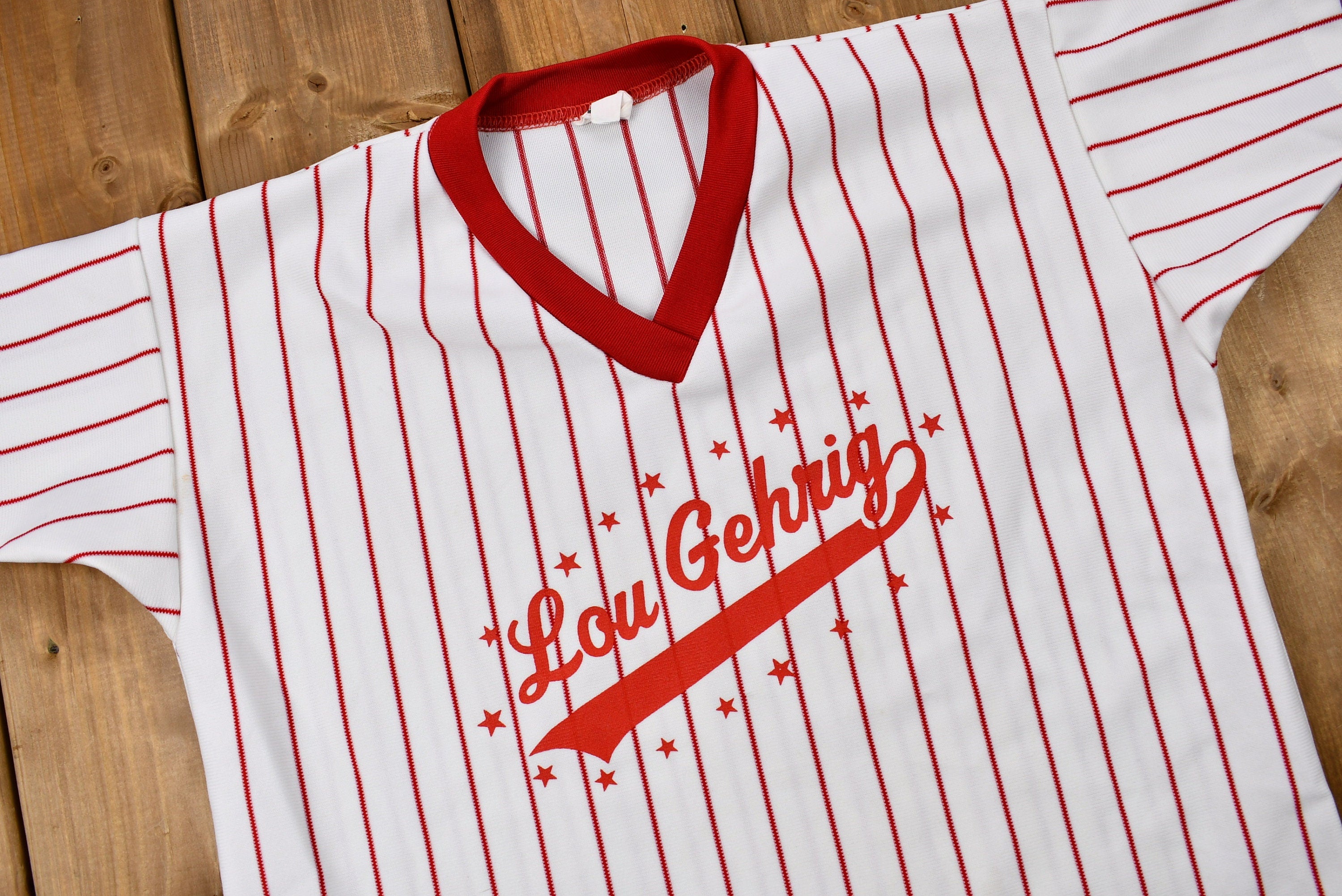 Vintage 1970s Lou Gehrig 11 Striped Jersey Style T-Shirt