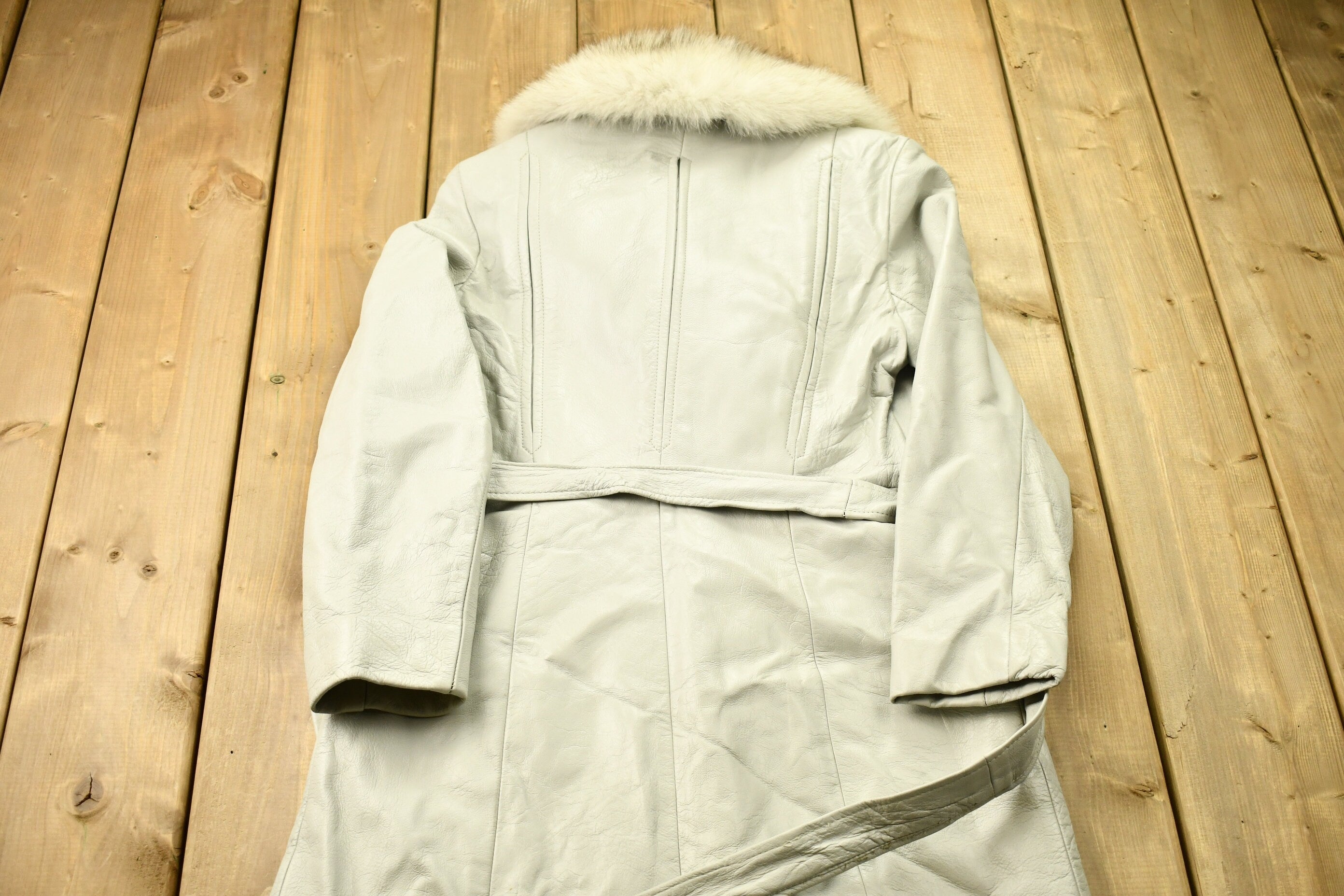 Vintage 1970s Off White Leather With Grey Fox Trim Penny Lane Trench Coat