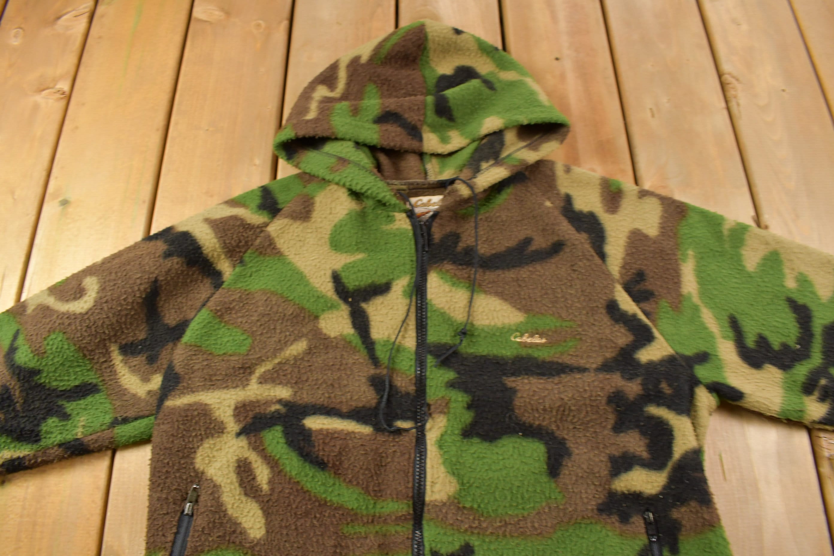 Vintage 1990s Woodland Camo Cabela's Fleece Hoodie & Pants Size Medium