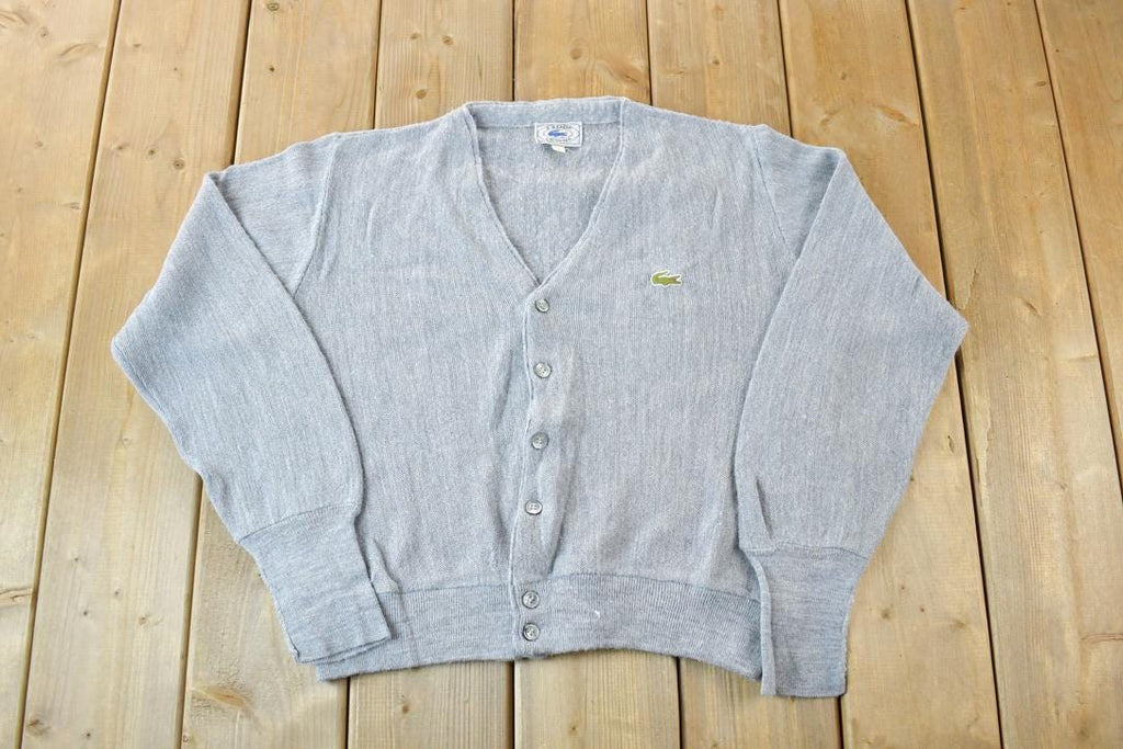 Vintage 1970s Izod Lacoste Heater Grey Knit Perfect Mild Distress Cardigan Sweater Made In USA
