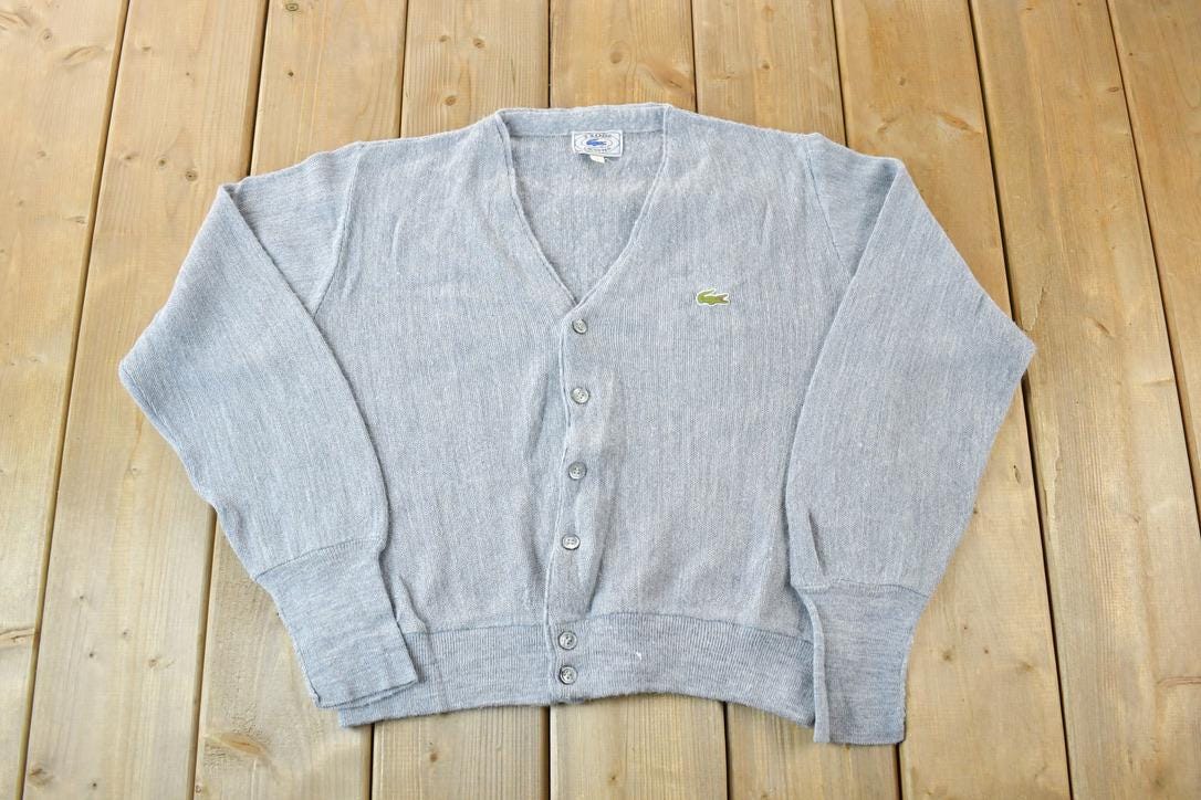 Vintage 1970s Izod Lacoste Heater Grey Knit Perfect Mild Distress Cardigan Sweater Made In USA