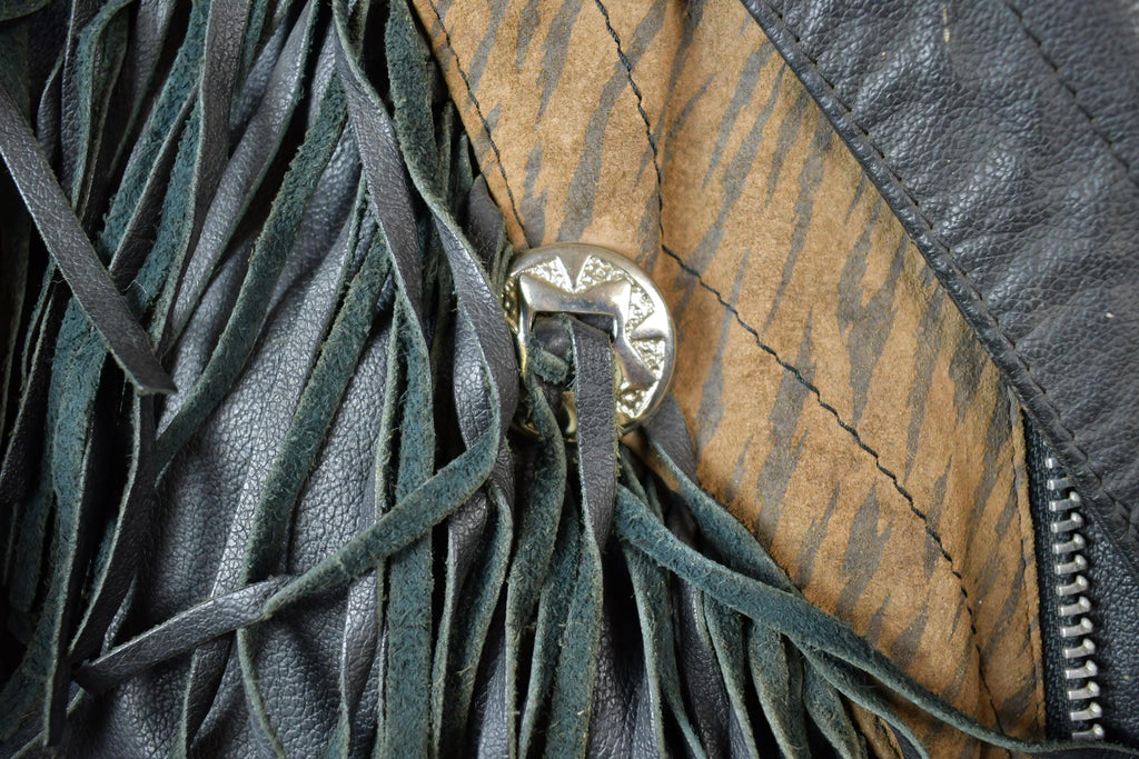 Vintage 1990s Bermans Leather Frills Tassel Animal Print Wild Print Motorcycle Jacket Made In USA