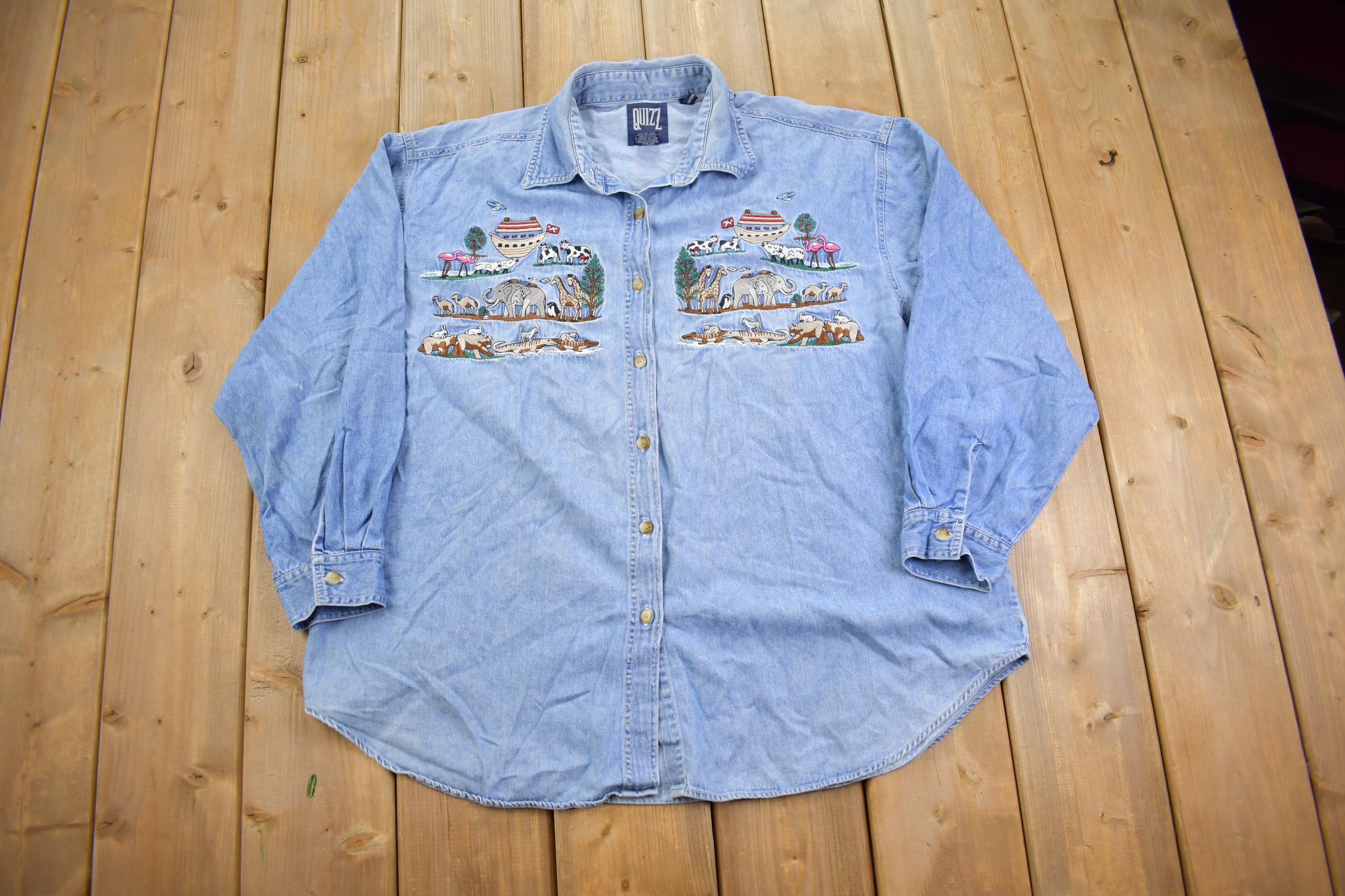 Vintage 1990s Noahs Arc Embroidered Denim Button Up Shirt