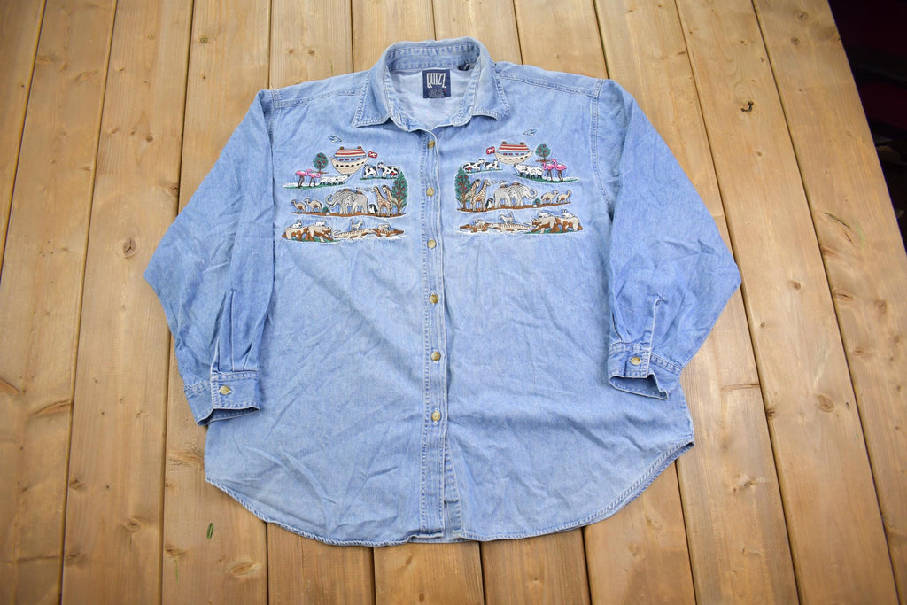Vintage 1990s Noahs Arc Embroidered Denim Button Up Shirt