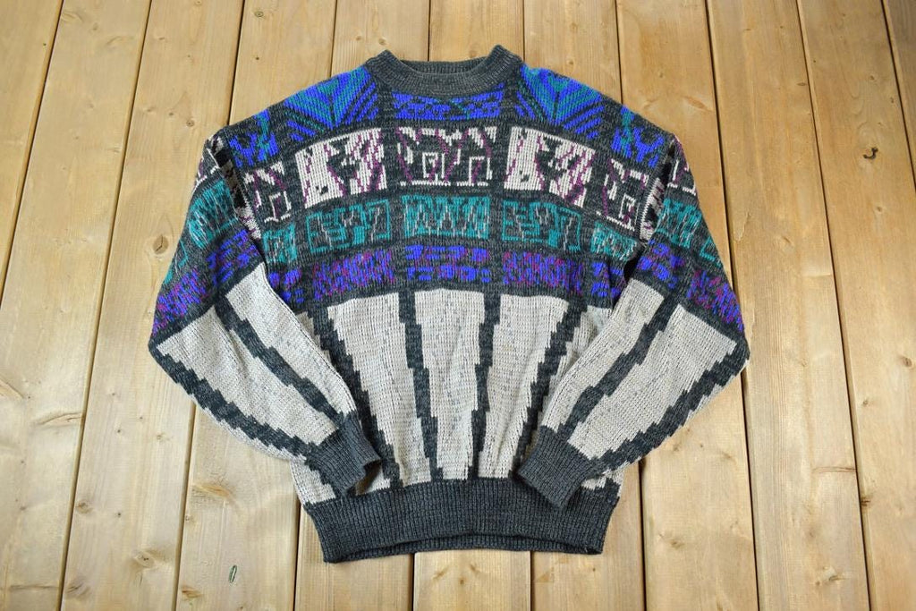 Vintage 1990s Todays News Knit Abstract Pattern Crewneck Sweater  90s Crewneck  Preppy Knits