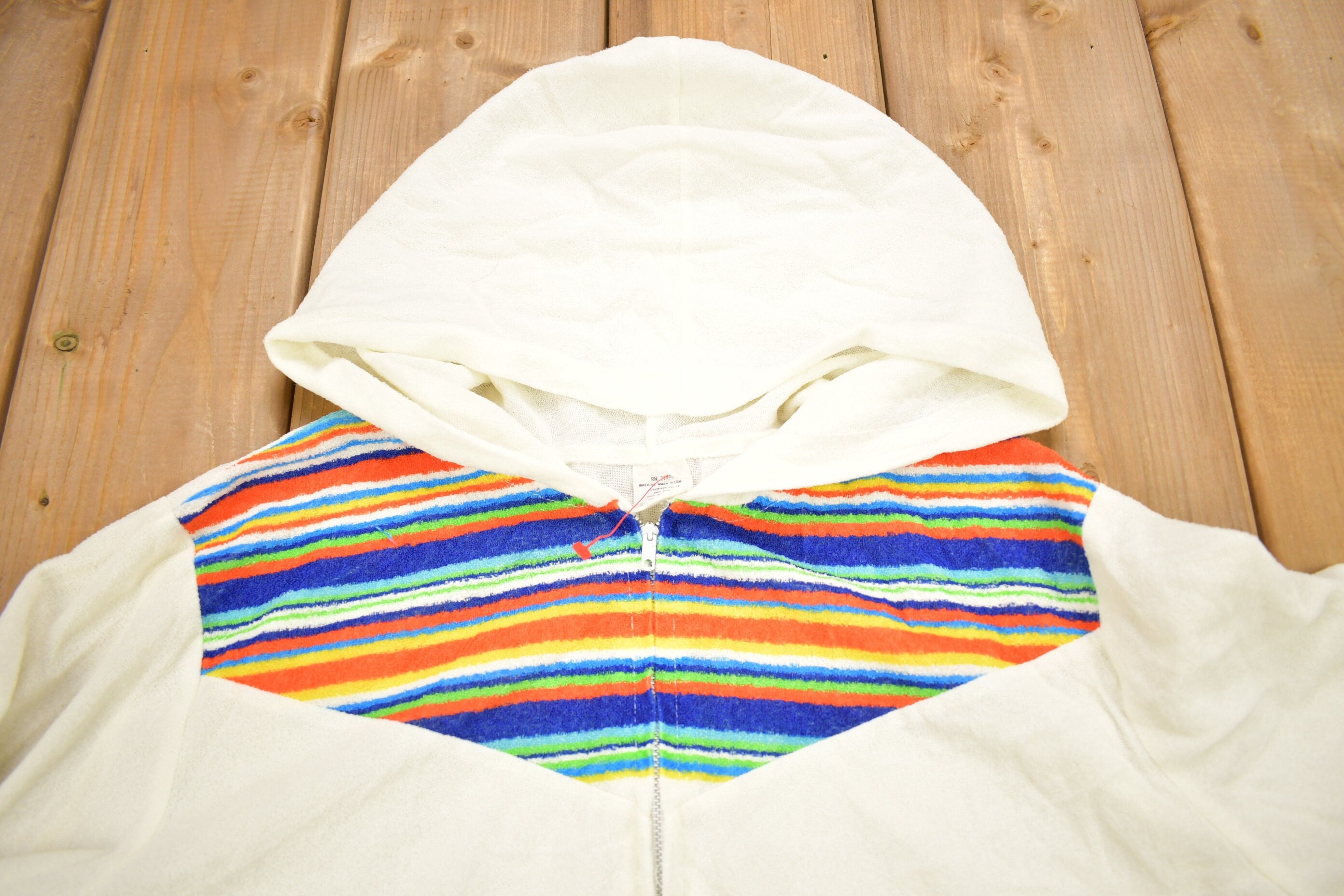 Vintage 1990s Terry Cloth Patchwork Striped Zip Up Hoodie