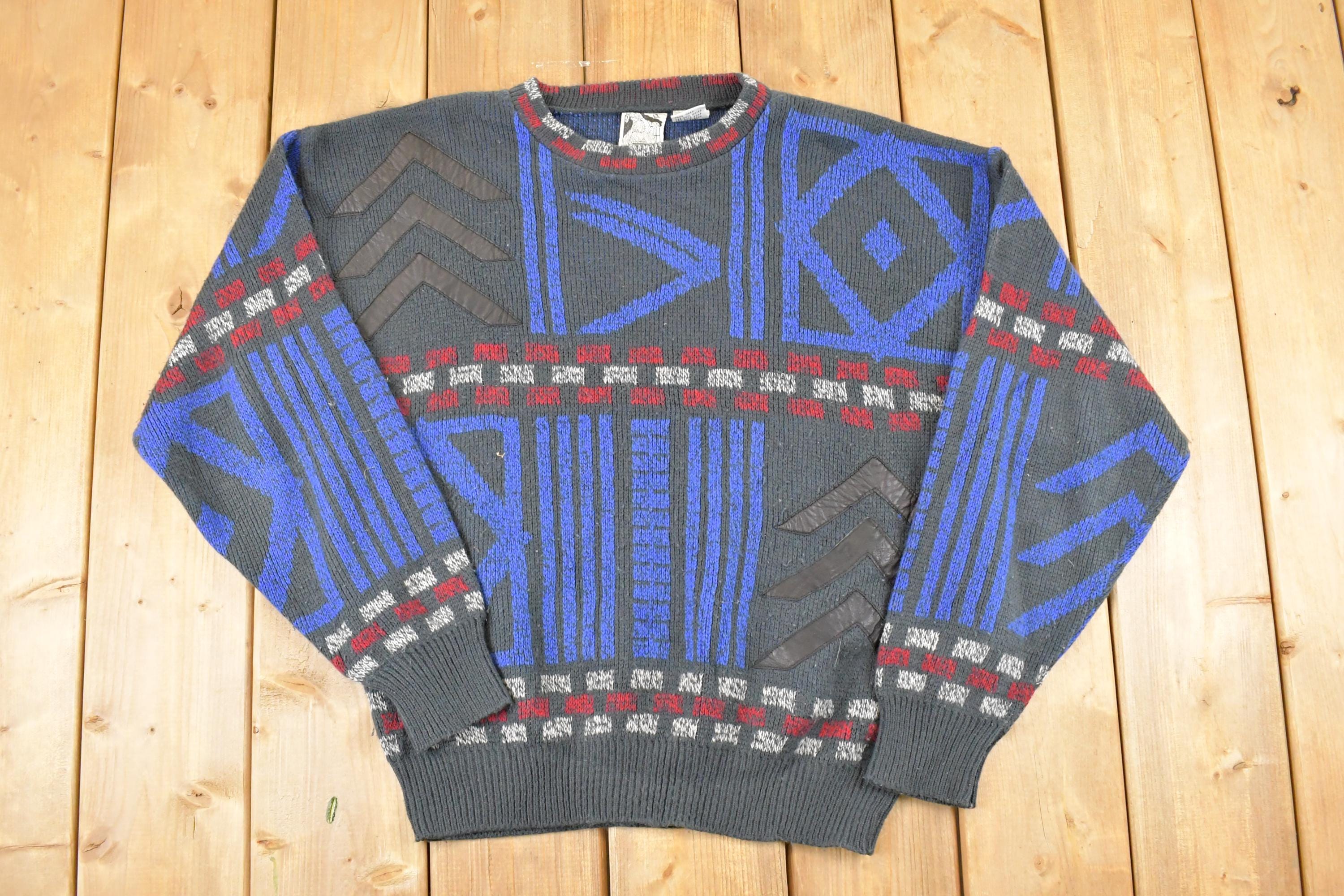 Vintage 1990s K Cosa Leather Patch Abstract Knit Crewneck Sweater Men's L