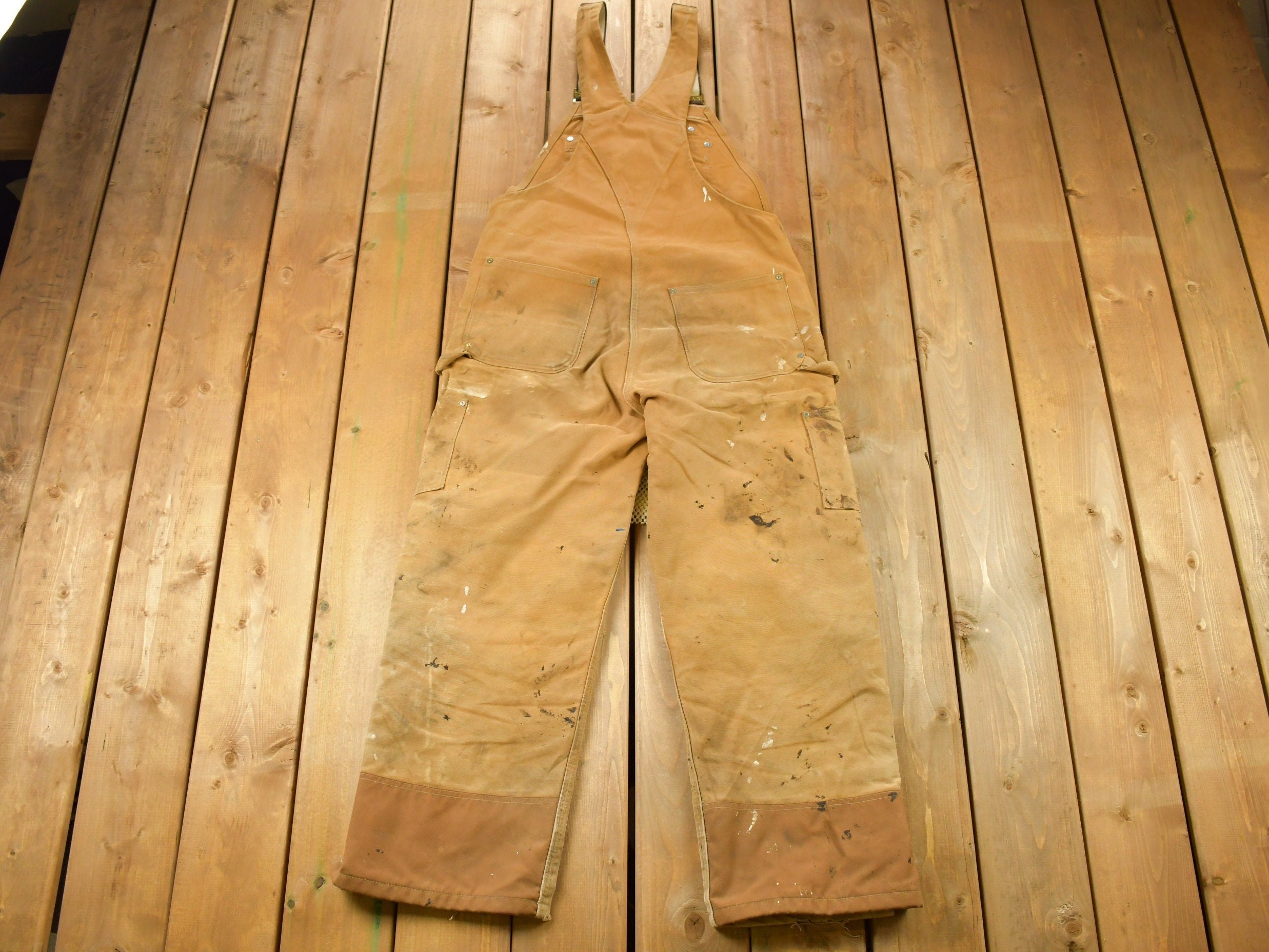 Vintage 1990s Carhartt Double Knee Quilted Canvas Paint Splattered Overalls Size 36 x 26