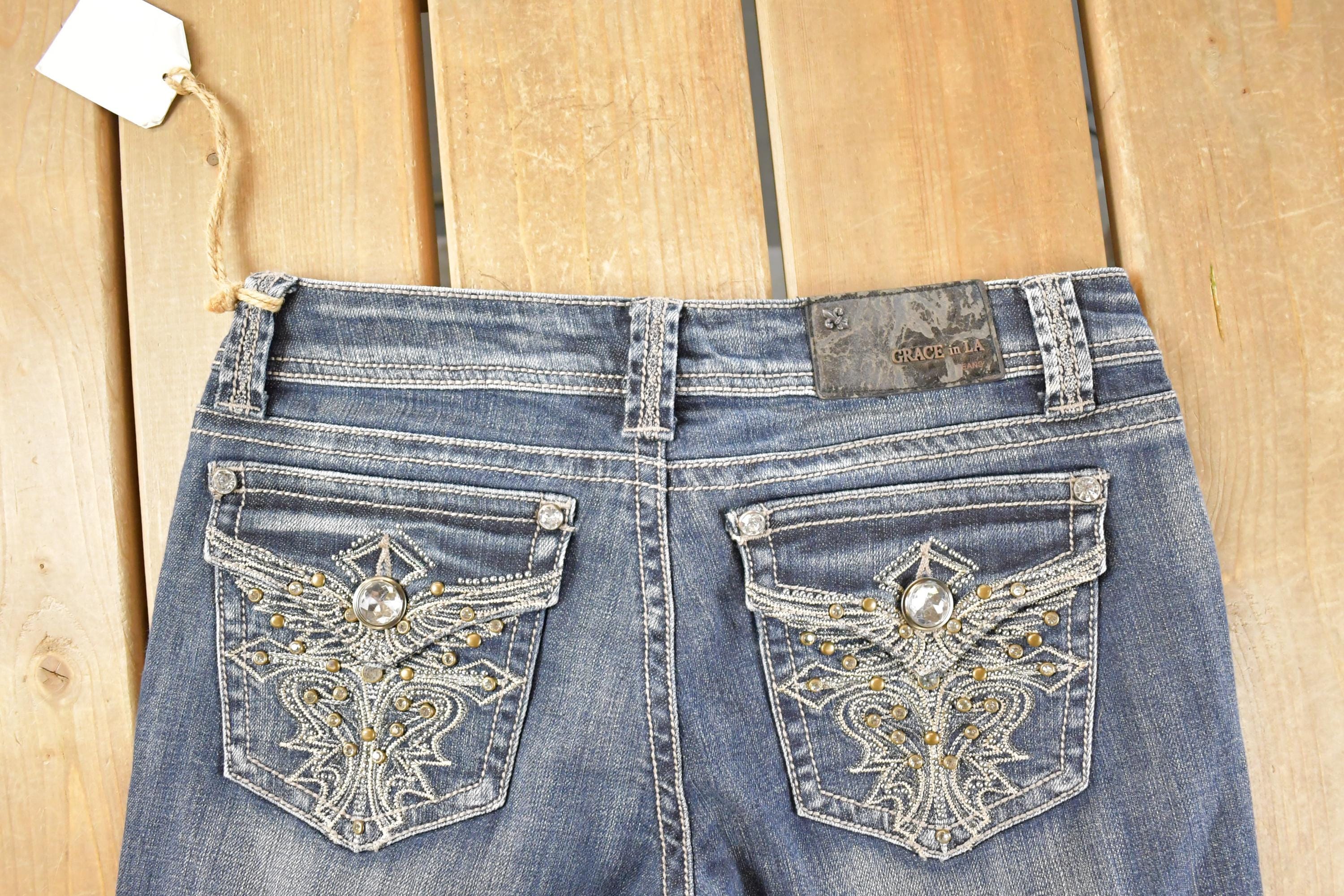 Vintage Deadstock Y2K Grace In LA Bedazzled Bootcut Low Rise Jeans Women's Size 27 x 32