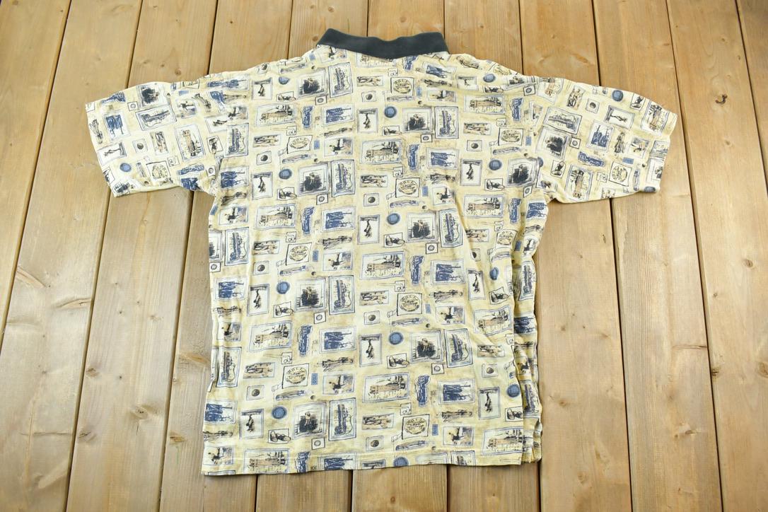 Vintage 1990s Aureus Golfing AOP Button Up Polo Shirt / Vintage Flannel / Plaid Button Up / Cowboy Shirt / Preppy Button Up