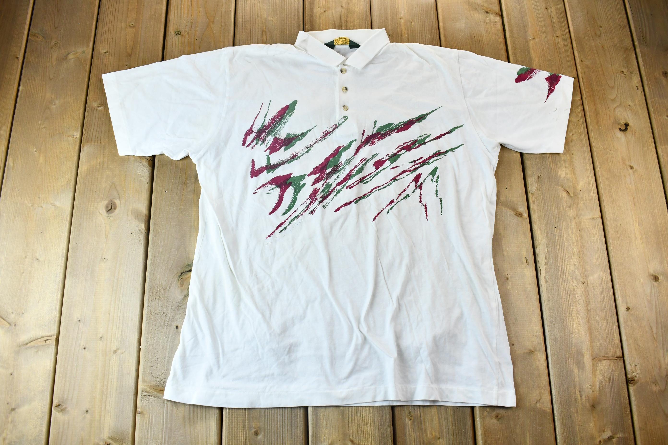 Vintage 1990s Hathaway Knit Classics Single Stitch Lightweight Abstract Graphic Polo Shirt