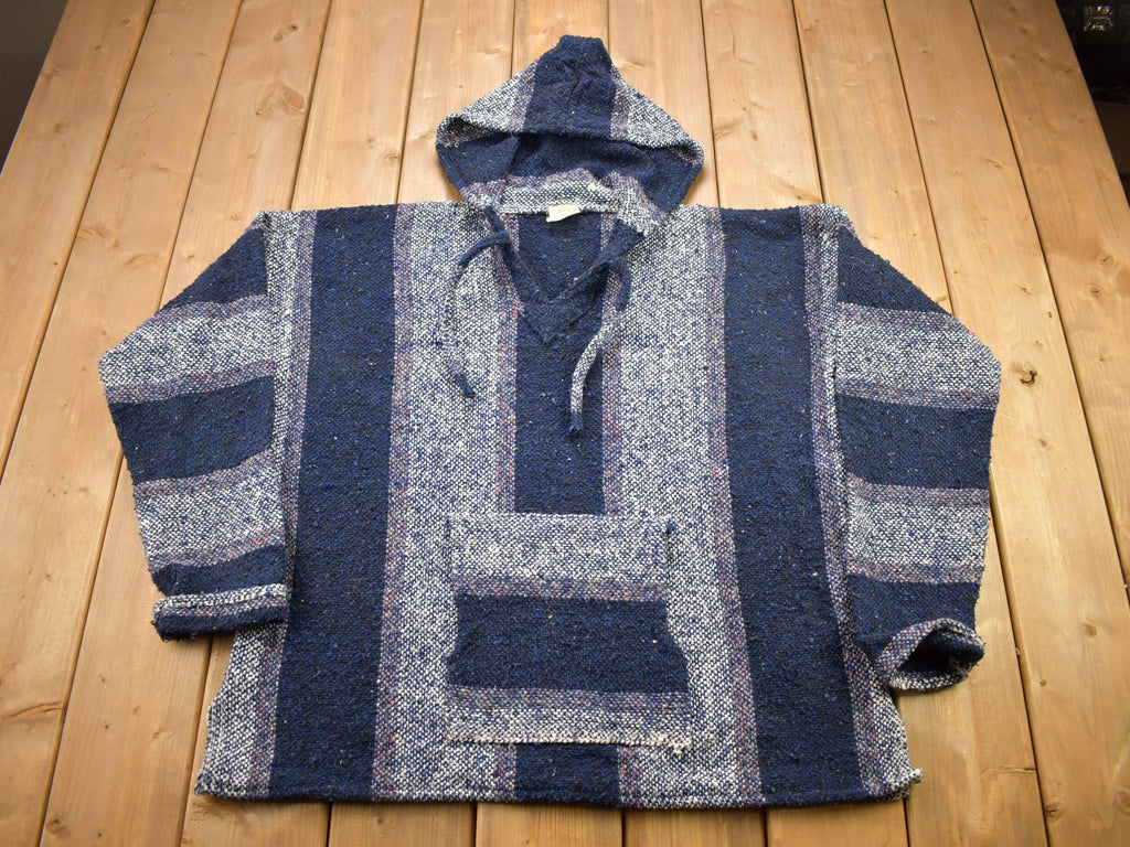 Vintage 1990s Baja Hooded Pullover Striped Knit Poncho Blanket Hoodie