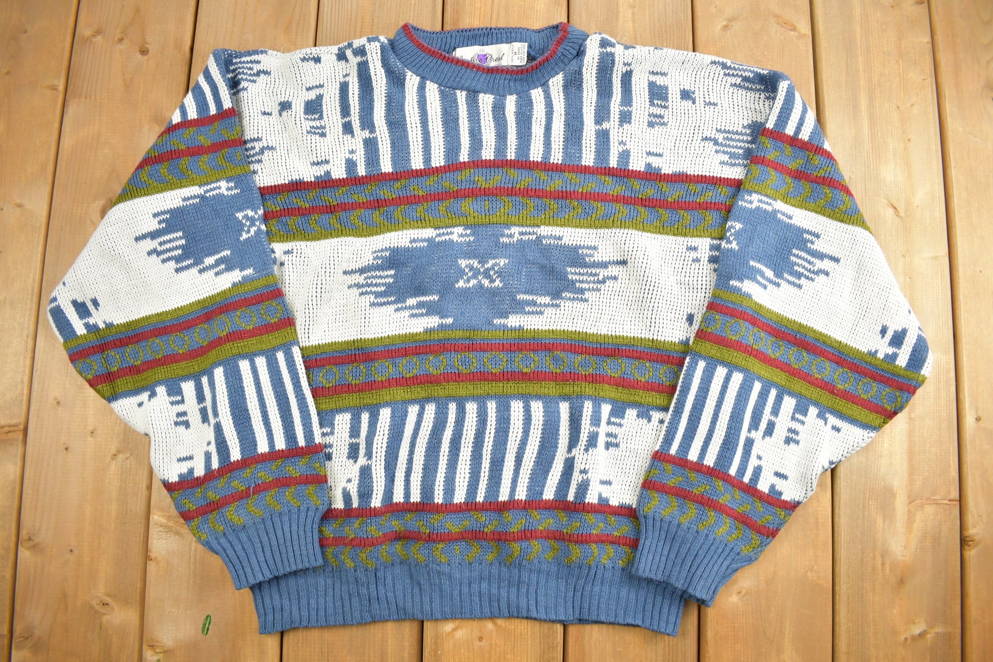 Vintage 1990s Abstract Purple Crest Knit Crewneck Sweater / Vintage 90s Crewneck / All Over Pattern / Colorful Sweatshirt / Abstract Pattern