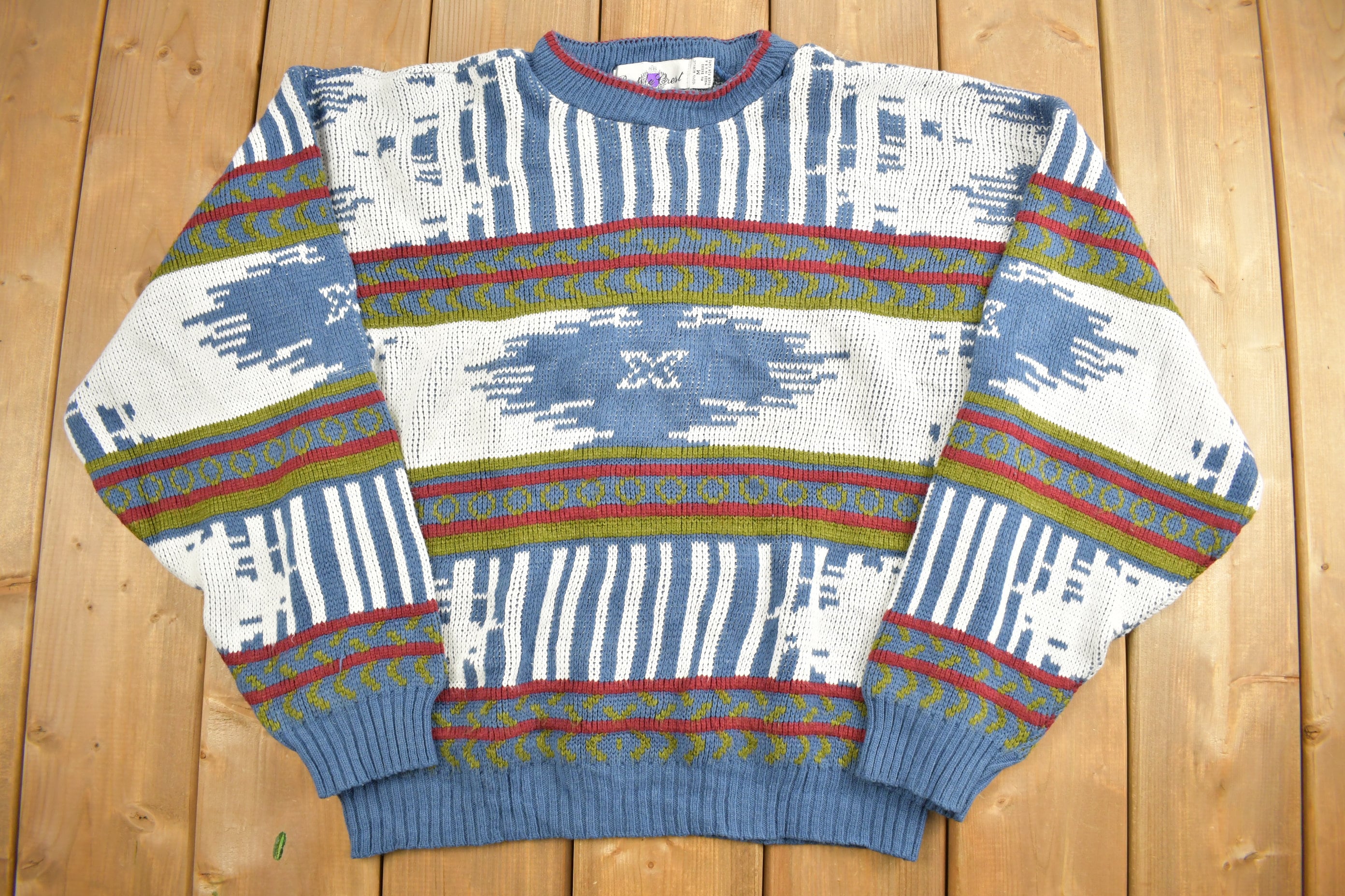 Vintage 1990s Abstract Purple Crest Knit Crewneck Sweater