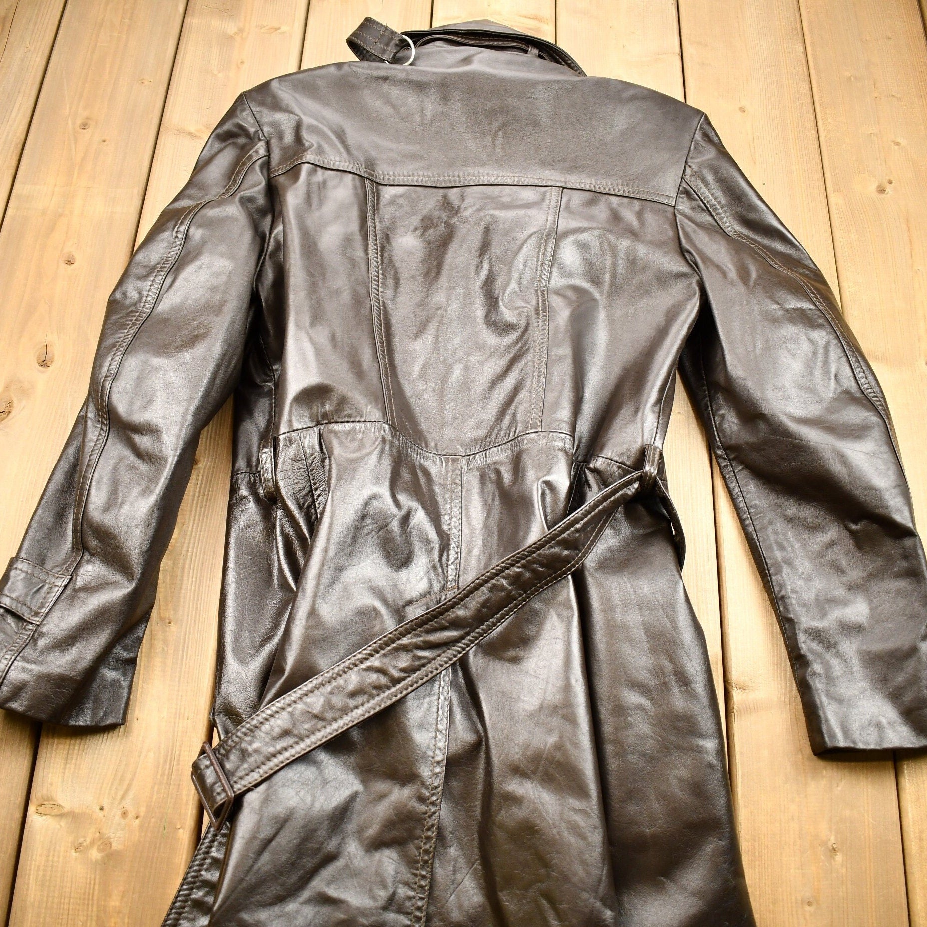 Vintage 1970s Full Length Brown Leather Trench Coat