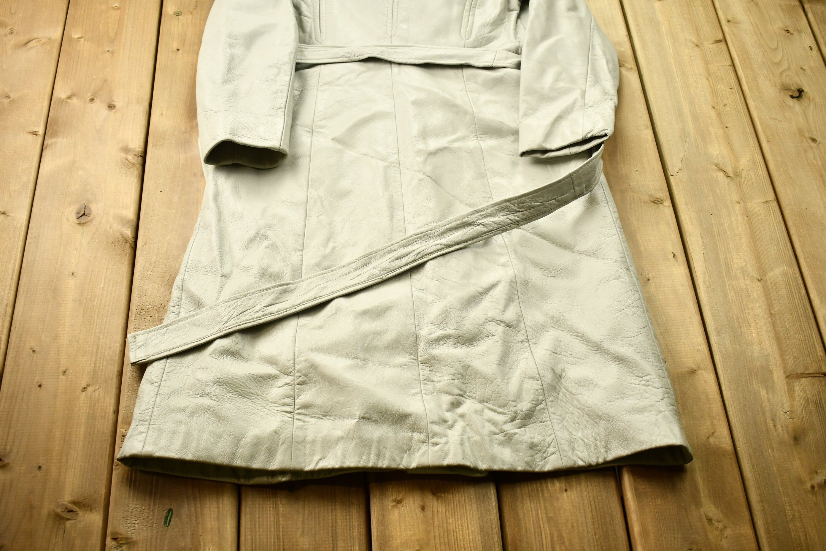 Vintage 1970s Off White Leather With Grey Fox Trim Penny Lane Trench Coat