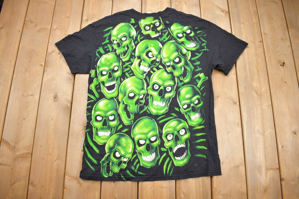 Vintage 2001 Liquid Blue Skull Pile All Over Print T-shirt