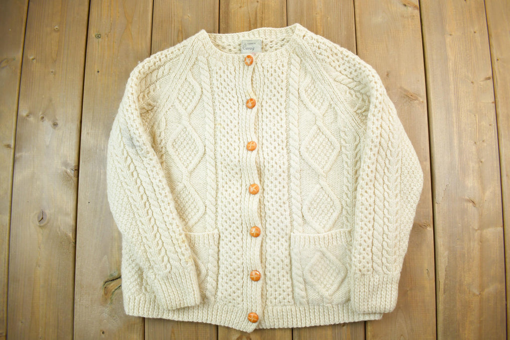 Vintage 1980s Tan Wool Cable Knit Crewneck Sweater Aran Island